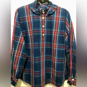 St. John's Bay Blue and Red Plaid long Sleeve Rhinestone Buttons Ruffled Collar